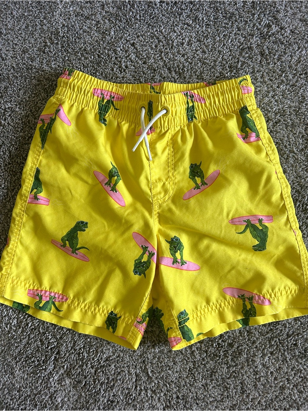 Old Navy Yellow Boys Swim Trunks with Pink Surfboard & Green Dino Print